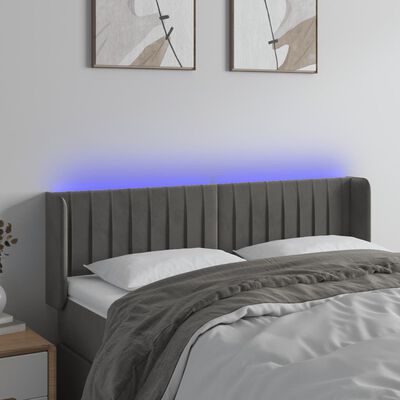 vidaXL LED горна табла за легло, тъмносива, 147x16x78/88 см, кадифе