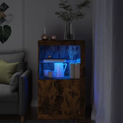 vidaXL Страничен шкаф с LED осветление, опушен дъб, инженерно дърво