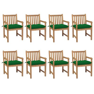 vidaXL Градински столове, 8 бр, зелени възглавници, тиково дърво масив