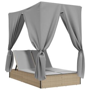 vidaXL Двоен шезлонг с покрив и завеси бежов полиратан