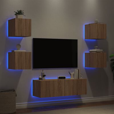 vidaXL ТВ стенни шкафове, 5 части, с LED светлини, сонома дъб