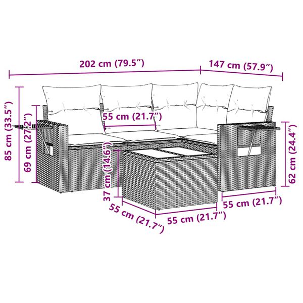 vidaXL Градински комплект с възглавници, 5 части, светлосив полиратан