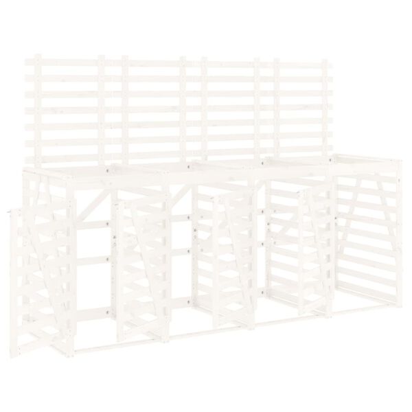 vidaXL Четворен навес за съхранение на кофи за боклук, бял, бор масив