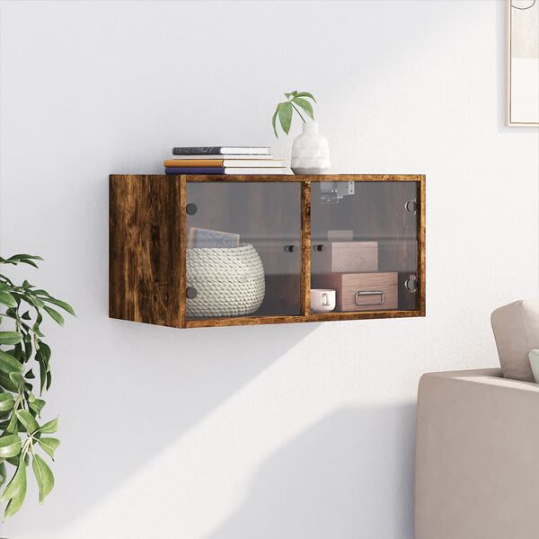 vidaXL Стенен шкаф със стъклени врати, опушен дъб, 68,5x37x35 см