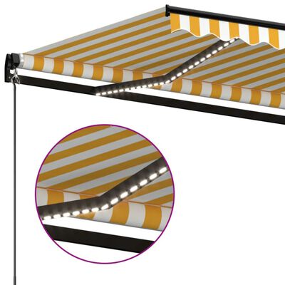 vidaXL Ръчно прибиращ се сенник с LED, 450x300 см, жълто и бяло