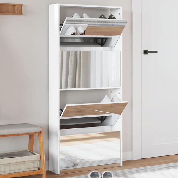 vidaXL Шкаф за обувки с огледало, 4 нива, бял гланц, 63x17x134 см