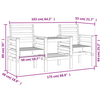 vidaXL Градинска пейка с маса, 2-местна, меденокафява, бор масив