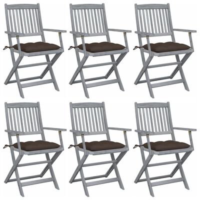 vidaXL Сгъваеми градински столове, 6 бр, с възглавници, акация масив
