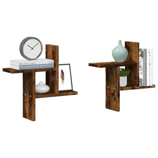 vidaXL Стенни рафтове, 2 бр, опушен дъб, 38x12x38 см, инженерно дърво