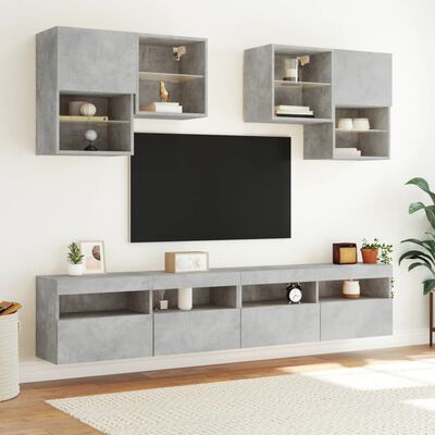 vidaXL ТВ стенни шкафове, 6 части, с LED светлини, бетонно сиви
