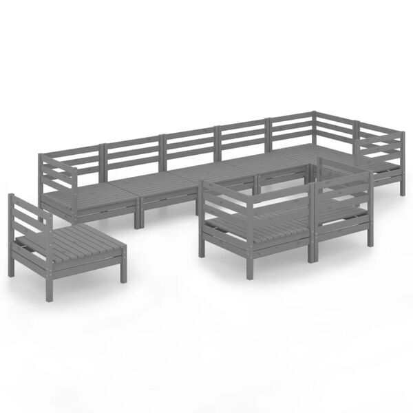 vidaXL Градински лаундж комплект, 9 части, сив, бор масив