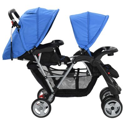 vidaXL Тандемна количка, стомана, синьо и черно