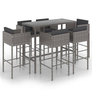 vidaXL Градински бар комплект с възглавници, 7 части, сив полиратан