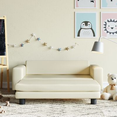 vidaXL Детски диван с табуретка, кремав, 100x50x30 см, изкуствена кожа