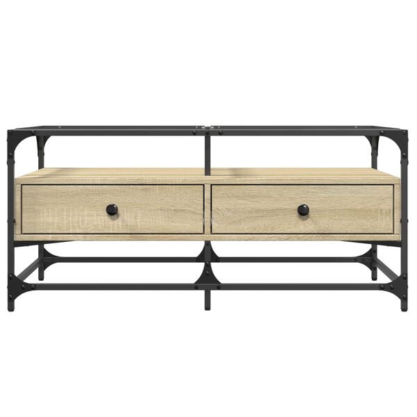 vidaXL Маса за кафе със стъклен плот, сонома дъб,98,5x50x45см, стомана