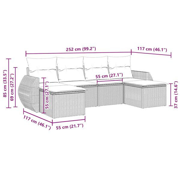 vidaXL Градински диван с възглавници, 6 части, черен, полиратан