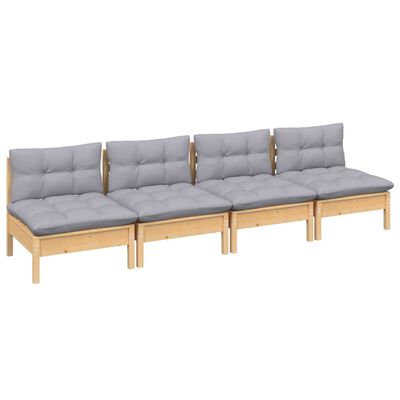 vidaXL 4-местен градински диван със сиви възглавници, бор масив