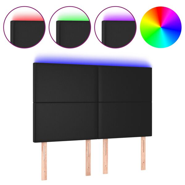 vidaXL LED горна табла за легло,черна,144x5x118/128см, изкуствена кожа