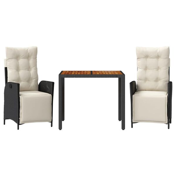 vidaXL Градински комплект от 3 части с възглавници черни полиратан