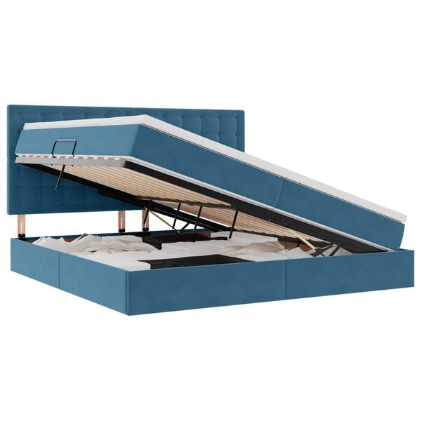 vidaXL Легло с място за съхранение и LED Тъмен син 200 x 200 cm Кадифе