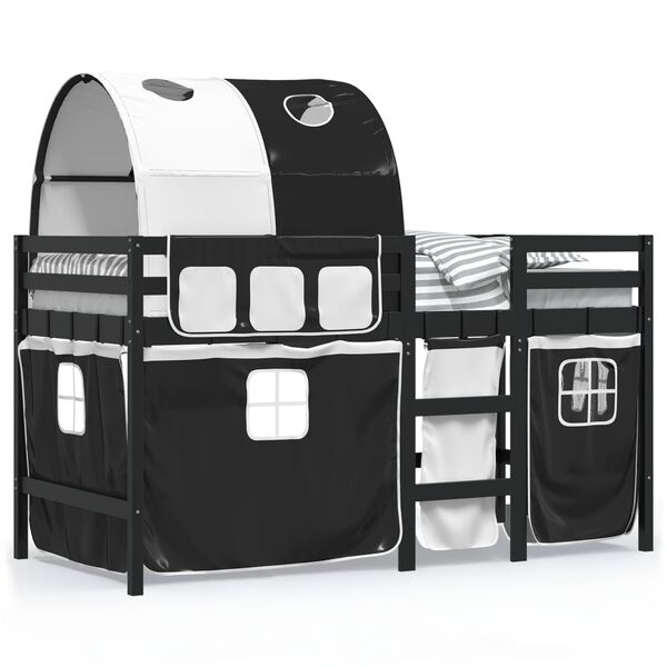 vidaXL Детско високо легло с тунел, бяло и черно, 90x200 см, бор масив