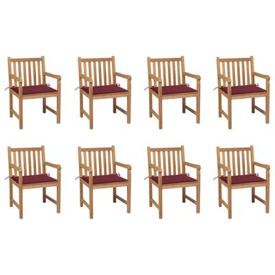 vidaXL Градински столове, 8 бр, с виненочервени възглавници, тик масив
