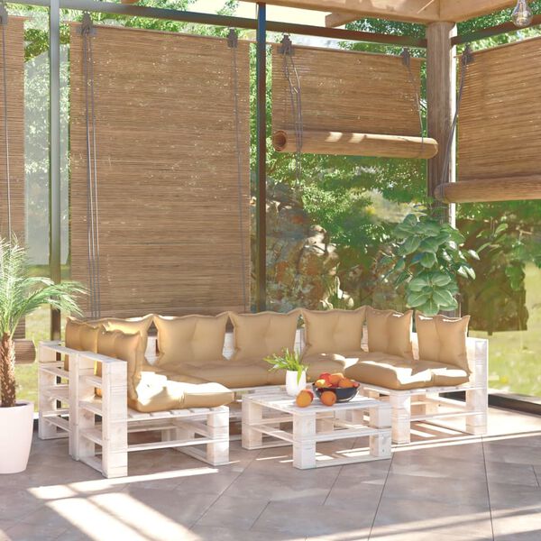 vidaXL Градински палетен лаундж комплект с възглавници, 7 части, бор