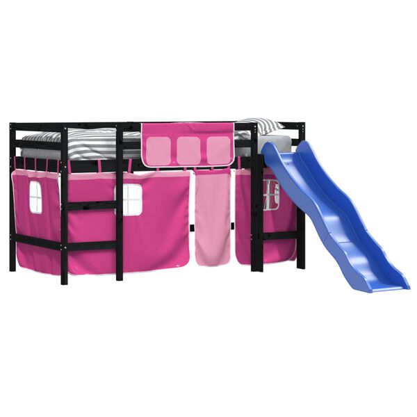 vidaXL Детско високо легло със завеси розово 80x200 см бор масив