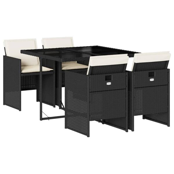 vidaXL Градински трапезен комплект възглавници 5 части черен полиратан