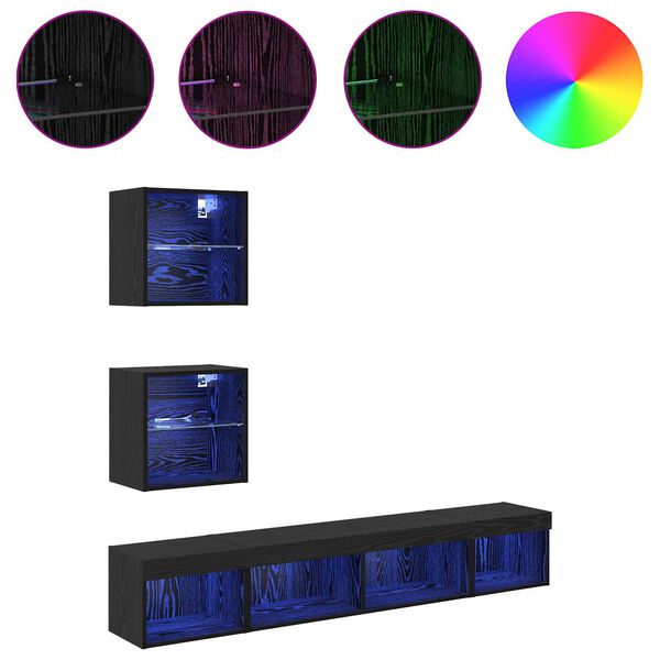 vidaXL ТВ стенни единици с LED с LED 5 pcs Черния дъб Инженерно дърво