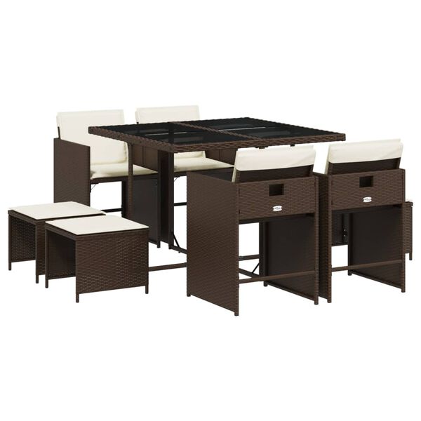 vidaXL Градински трапезен комплект възглавници 9 части кафяв полиратан