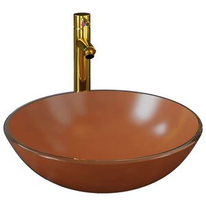 vidaXL Мивка за баня с кран и сифон, кафяво закалено стъкло