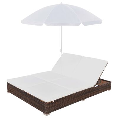 vidaXL Градинско лаундж легло с чадър, полиратан, кафяво