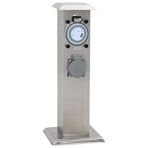 Градински стълб за ел. контакти, неръждаема стомана с часовник