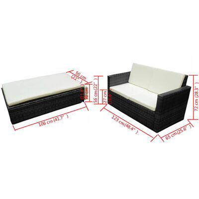 vidaXL Градински комплект с възглавници, 2 части, черен полиратан