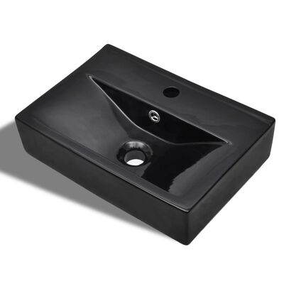 vidaXL Керамична правоъгълна мивка с преливник отвор за смесител черна