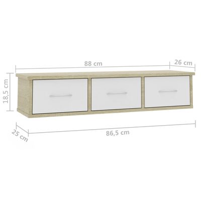 vidaXL Стенен рафт с чекмеджета, бяло и дъб сонома, 88x26x18,5 см, ПДЧ
