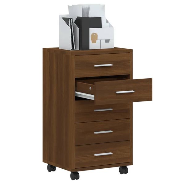vidaXL Шкаф с чекмеджета с колелца инженерно дърво кафяв дъб