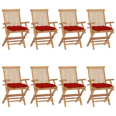 vidaXL Градински столове с червени възглавници 8 бр тик масив