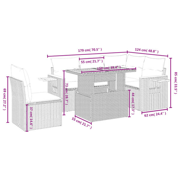 vidaXL Градински диван с възглавници, 6 части, полиратан, сив