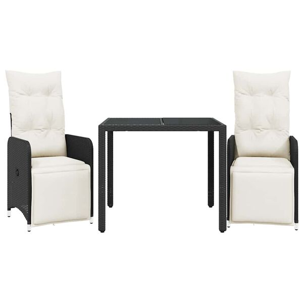 vidaXL Градински бистро комплект с възглавници 3 части черен полиратан