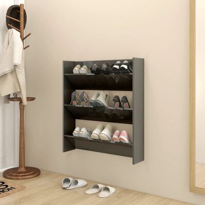 vidaXL Стенeн шкаф за обувки, сив гланц, 80x18x90 см, ПДЧ