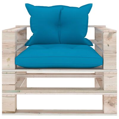vidaXL Градински палетен фотьойл със сини възглавници, борово дърво