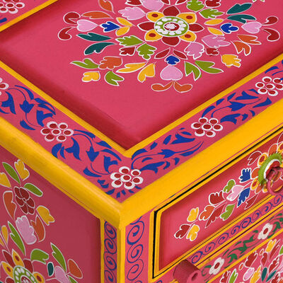 vidaXL Нощно шкафче, мангово дърво масив, розово, ръчно рисувано