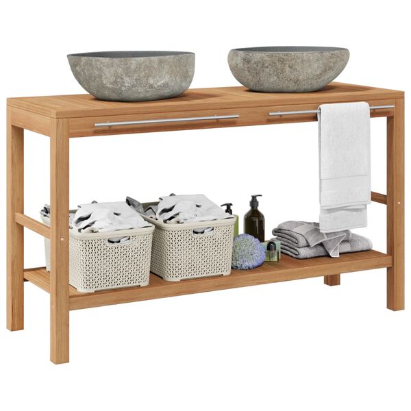 vidaXL Шкаф за баня от тиково дърво масив с мивки от речен камък