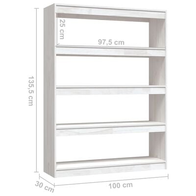 vidaXL Библиотека/разделител за стая, бяла, 100x30x135,5 см, бор масив