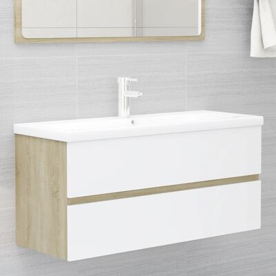 vidaXL Комплект мебели за баня от 2 части, бяло и дъб сонома, ПДЧ