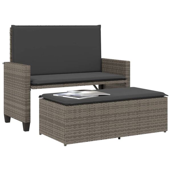 vidaXL Градинска пейка с възглавници и табуретка, сива, полиратан