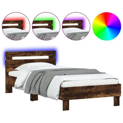 vidaXL Рамка за легло с табла и LED осветление, опушен дъб, 75x190 см