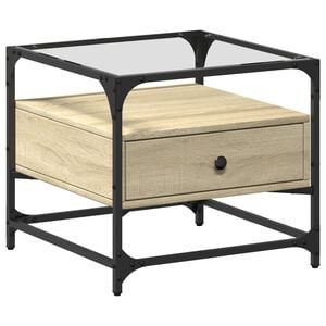 vidaXL Маса за кафе със стъклен плот, сонома дъб, 50x50x45 см, стомана